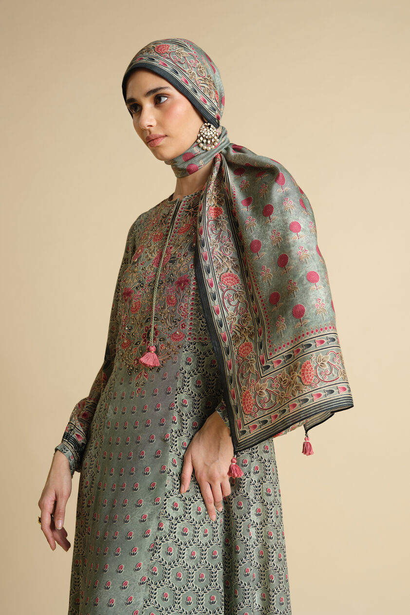 Demoiselle Printed Silk Stole - Sage, Sage, image 1